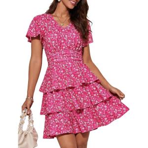imageGRACE KARIN Womens Summer Dresses 2025 Floral Short Sleeve V Neck Ruffle Tiered Layered Boho Mini DressRose Red Floral