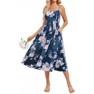imageGRACE KARIN Womens Summer Floral Wedding Guest Dress Boho Beach Casual Formal Dresses A Line Sleeveless Dress with PocketsBlue Whiet Floral