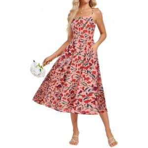 imageGRACE KARIN Womens Summer Floral Wedding Guest Dress Boho Beach Casual Formal Dresses A Line Sleeveless Dress with PocketsPink Red Floral