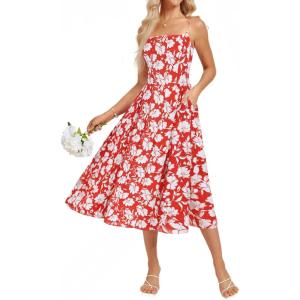 imageGRACE KARIN Womens Summer Floral Wedding Guest Dress Boho Beach Casual Formal Dresses A Line Sleeveless Dress with PocketsRed White Floral