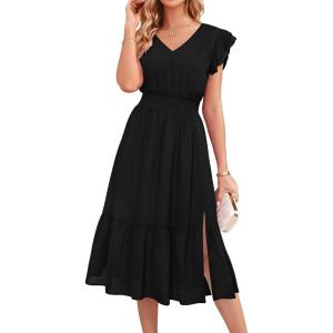 imageGRACE KARIN Womens V Neck Ruffle Sleeve Summer Dress 2025 Split Flowy Tiered Midi Dress Wedding Guest Cocktail DressesBlacksolid