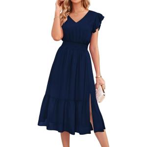 imageGRACE KARIN Womens V Neck Ruffle Sleeve Summer Dress 2025 Split Flowy Tiered Midi Dress Wedding Guest Cocktail DressesNavy Bluesolid