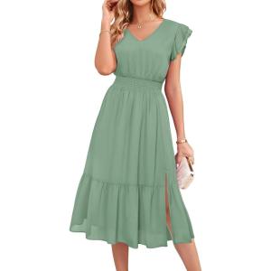 imageGRACE KARIN Womens V Neck Ruffle Sleeve Summer Dress 2025 Split Flowy Tiered Midi Dress Wedding Guest Cocktail DressesSage Greensolid