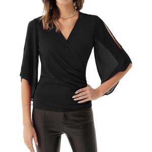imageGRACE KARIN Women 34 Chiffon Sleeve Dressy Blouse Wrap Elastic Shirt Business Casual Party Flattering Tops 2023 Fashion Black