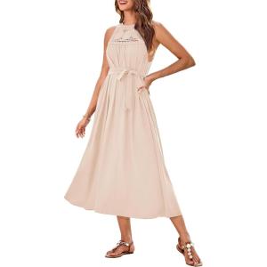 imageGRACE KARIN Womens 2025 Summer Hollow Out Halter Dresses Casual Swing ALine Sundress Beach Vacation Maxi Dress with BeltApricot