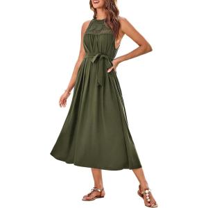 imageGRACE KARIN Womens 2025 Summer Hollow Out Halter Dresses Casual Swing ALine Sundress Beach Vacation Maxi Dress with BeltArmy Green