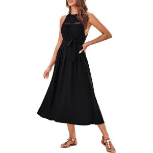 imageGRACE KARIN Womens 2025 Summer Hollow Out Halter Dresses Casual Swing ALine Sundress Beach Vacation Maxi Dress with BeltBlack