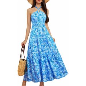 imageGRACE KARIN Womens Summer Dresses 2025 Halter Neck Sleeveless Smocked Backless Cut Out Floral Flowy A Line Maxi DressBlue