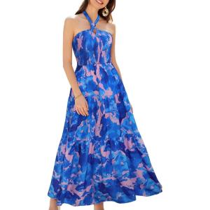 imageGRACE KARIN Womens Summer Dresses 2025 Halter Neck Sleeveless Smocked Backless Cut Out Floral Flowy A Line Maxi DressBlue Pink