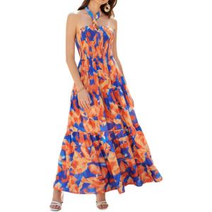 imageGRACE KARIN Womens Summer Dresses 2025 Halter Neck Sleeveless Smocked Backless Cut Out Floral Flowy A Line Maxi DressOrange Blue