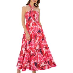 imageGRACE KARIN Womens Summer Dresses 2025 Halter Neck Sleeveless Smocked Backless Cut Out Floral Flowy A Line Maxi DressPink Red