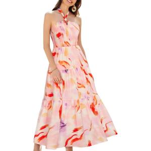 imageGRACE KARIN Womens Summer Dresses 2025 Halter Neck Sleeveless Smocked Backless Cut Out Floral Flowy A Line Maxi DressPurple Pink
