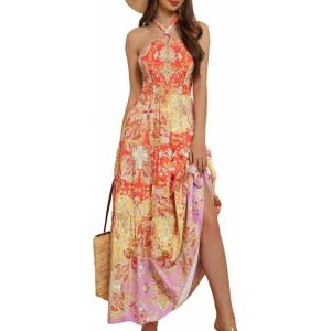 imageGRACE KARIN Womens Summer Dresses 2025 Halter Neck Sleeveless Smocked Backless Cut Out Floral Flowy A Line Maxi DressPurple Yellow Orange