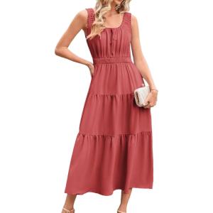 imageGRACE KARIN Womens Summer Dresses 2025 Long Flowy Tiered Dress Boho Swing Sundress with PocketWatermelon Red