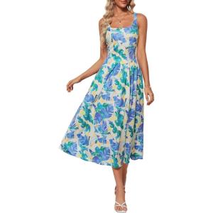 imageGRACE KARIN Womens Summer Square Neck Sleeveless Floral Midi Dress 2025 Boho Beach Casual Dresses with PocketsBlue Leaf