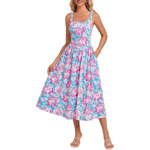 imageGRACE KARIN Womens Summer Square Neck Sleeveless Floral Midi Dress 2025 Boho Beach Casual Dresses with PocketsBlue Rose Flower