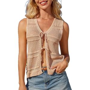 imageGRACE KARIN Womens Tie Front Sweater Vest Summer Sleeveless Crop Crochet Knit Tops Lightweight Cardigan Sweaters TopsApricot
