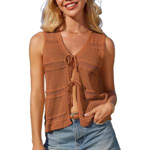 imageGRACE KARIN Womens Tie Front Sweater Vest Summer Sleeveless Crop Crochet Knit Tops Lightweight Cardigan Sweaters TopsBrown