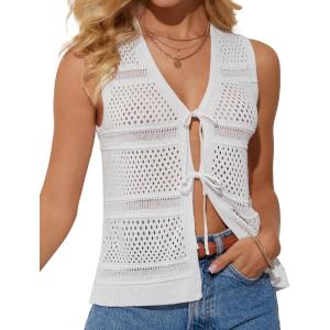 imageGRACE KARIN Womens Tie Front Sweater Vest Summer Sleeveless Crop Crochet Knit Tops Lightweight Cardigan Sweaters TopsIvory