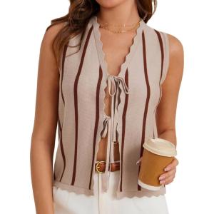 imageGRACE KARIN Vest Tops for Women Striped Sweater Vest 2025 Summer Y2k Cropped Button Up V Neck Sleeveless Tank TopApricot Striped