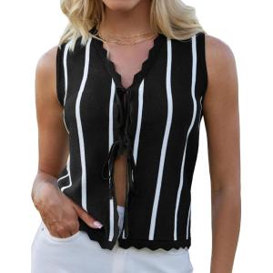 imageGRACE KARIN Vest Tops for Women Striped Sweater Vest 2025 Summer Y2k Cropped Button Up V Neck Sleeveless Tank TopBlack Striped