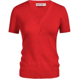imageGRACE KARIN Womens 2024 Basic Summer Short Sleeve Cardigan Sweaters Lightweight VNeck Button Down Cropped Shrug SweaterShort Sleeve Red