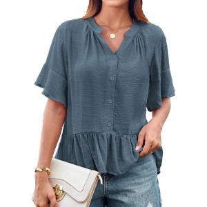 imageGRACE KARIN Womens 2025 Summer Tops Casual Ruffle Short Sleeve V Neck Button Down Loose Fit Babydoll Tops ShirtGray Blue