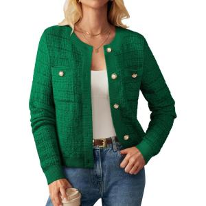 imageGRACE KARIN Womens Open Front Button Down Long Sleeve Texture Knit Cardigan Sweaters with PocketsGreen