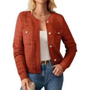 imageGRACE KARIN Womens Open Front Button Down Long Sleeve Texture Knit Cardigan Sweaters with PocketsOrange