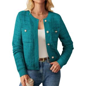 imageGRACE KARIN Womens Open Front Button Down Long Sleeve Texture Knit Cardigan Sweaters with PocketsPeacock Blue