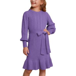 imageGRACE KARIN Girls Sweater Dress Cable Knit Long Sleeve Fall Winter Dress for Girl with Belt Sizes 614Blue Purple
