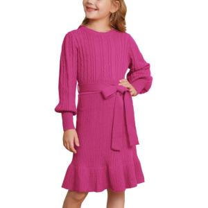 imageGRACE KARIN Girls Sweater Dress Cable Knit Long Sleeve Fall Winter Dress for Girl with Belt Sizes 614Hot Pink
