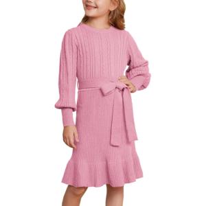 imageGRACE KARIN Girls Sweater Dress Cable Knit Long Sleeve Fall Winter Dress for Girl with Belt Sizes 614Medium Pink