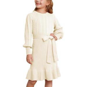 imageGRACE KARIN Girls Sweater Dress Cable Knit Long Sleeve Fall Winter Dress for Girl with Belt Sizes 614Offwhite