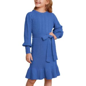 imageGRACE KARIN Girls Sweater Dress Cable Knit Long Sleeve Fall Winter Dress for Girl with Belt Sizes 614Royal Blue