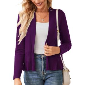imageGRACE KARIN Womens Casual Draped Open Front Cropped Cardigan Long Sleeve Sweater Peplum Knit OutwearPurple