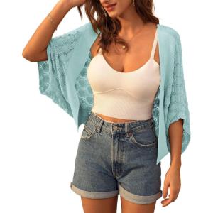 imageGRACE KARIN Womens Crochet Summer Cardigan Shrug 2024 Lightweight Open Front HollowOut Batwing Cardigan Sweater OutwearLight Green