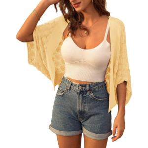 imageGRACE KARIN Womens Crochet Summer Cardigan Shrug 2024 Lightweight Open Front HollowOut Batwing Cardigan Sweater OutwearLight Yellow