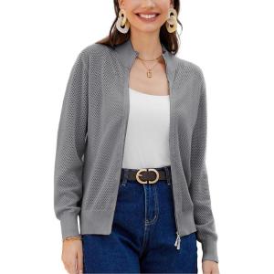 imageWomens 2024 Summer Mesh Cardigan Lightweight Long Sleeve Zip Up Crochet Knit Sweater Jacket Athleisure OutfitsGray