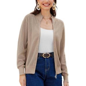 imageWomens 2024 Summer Mesh Cardigan Lightweight Long Sleeve Zip Up Crochet Knit Sweater Jacket Athleisure OutfitsKhaki
