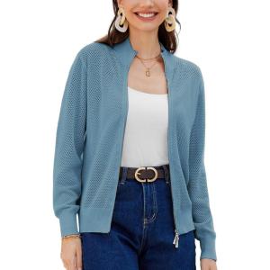 imageWomens 2024 Summer Mesh Cardigan Lightweight Long Sleeve Zip Up Crochet Knit Sweater Jacket Athleisure OutfitsLight Blue