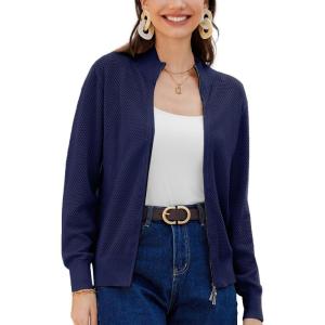 imageWomens 2024 Summer Mesh Cardigan Lightweight Long Sleeve Zip Up Crochet Knit Sweater Jacket Athleisure OutfitsNavy Blue