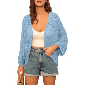imageGRACE KARIN Open Front 34 Sleeve Batwing Cardigan for Women Lightweight Crochet Summer Cardigan HollowOut Cover UpsBlue