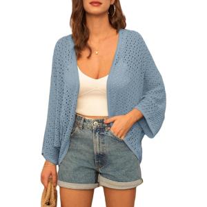imageGRACE KARIN Open Front 34 Sleeve Batwing Cardigan for Women Lightweight Crochet Summer Cardigan HollowOut Cover UpsBluegray