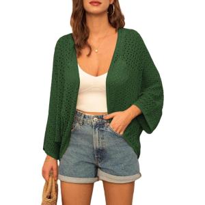 imageGRACE KARIN Open Front 34 Sleeve Batwing Cardigan for Women Lightweight Crochet Summer Cardigan HollowOut Cover UpsGreen