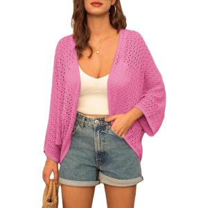 imageGRACE KARIN Open Front 34 Sleeve Batwing Cardigan for Women Lightweight Crochet Summer Cardigan HollowOut Cover UpsHot Pink