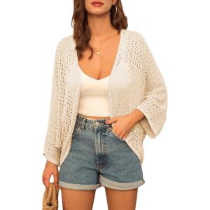 imageGRACE KARIN Open Front 34 Sleeve Batwing Cardigan for Women Lightweight Crochet Summer Cardigan HollowOut Cover UpsLight Apricot