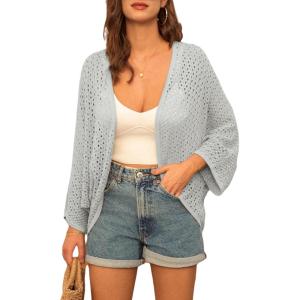 imageGRACE KARIN Open Front 34 Sleeve Batwing Cardigan for Women Lightweight Crochet Summer Cardigan HollowOut Cover UpsLight Gray