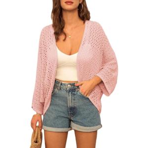 imageGRACE KARIN Open Front 34 Sleeve Batwing Cardigan for Women Lightweight Crochet Summer Cardigan HollowOut Cover UpsPink