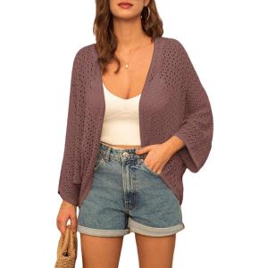 imageGRACE KARIN Open Front 34 Sleeve Batwing Cardigan for Women Lightweight Crochet Summer Cardigan HollowOut Cover UpsReddish Brown